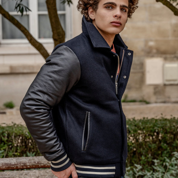 Blouson teddy bi-matière bleu marine