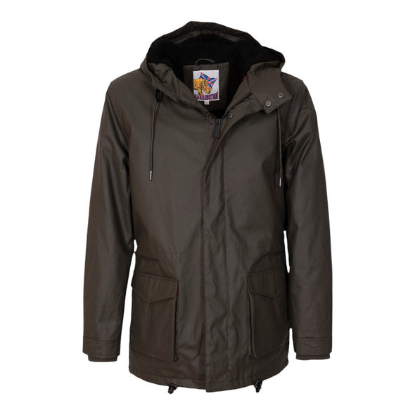 Parka fourrée en coton waxé kaki