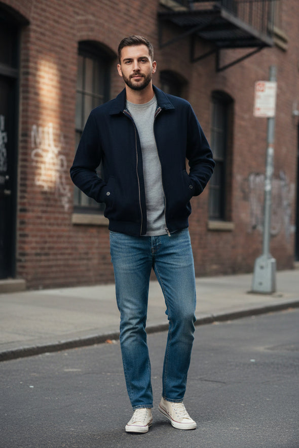 Blouson Harrington en laine bleu marine