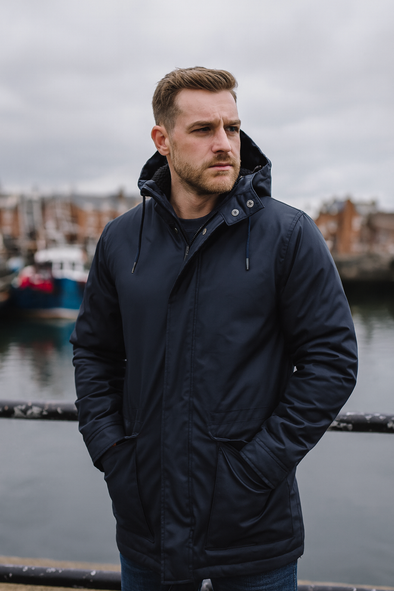 Parka fourrée en coton waxé bleu marine