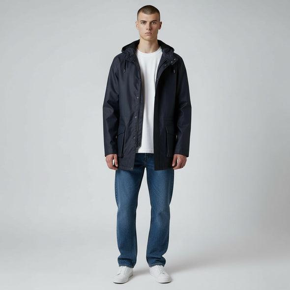 Parka fourrée en coton waxé bleu marine