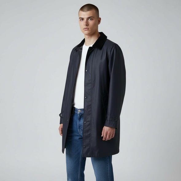 Trench-coat en coton waxé bleu marine
