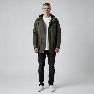 Parka fourrée en coton waxé kaki