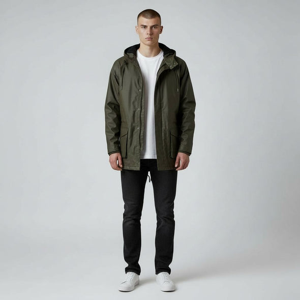 Parka fourrée en coton waxé kaki